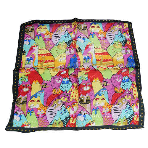 Feines Damen-Nickituch aus 100% Seide, Seidentuch, 52cmx52cm, Katzen, blau rot schwarz,4737